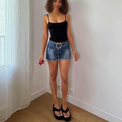 Vintage Blue Denim Rhinestone Buckle Micro Shorts Italian Y2K (XS/S)