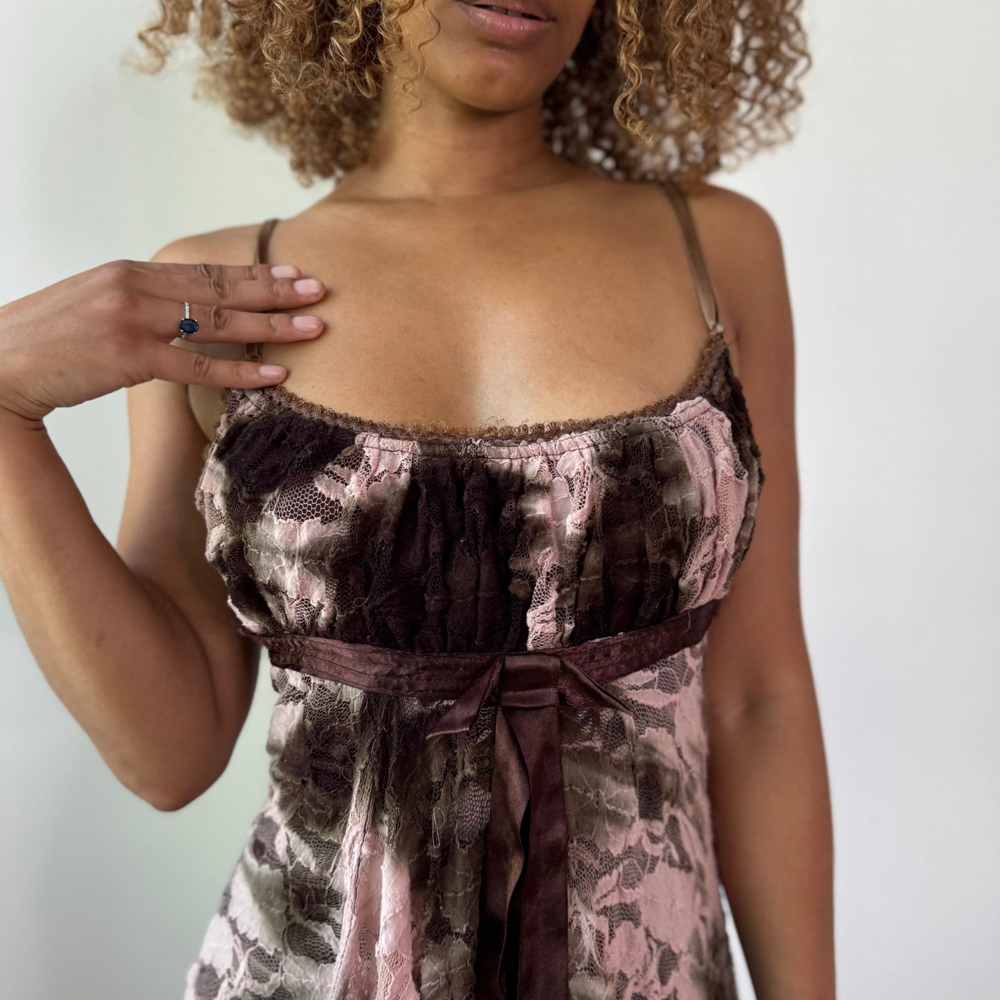 Vintage Brown Pink Floral Lace/Mesh Mini Dress Handkerchief Hem French Y2K (S)