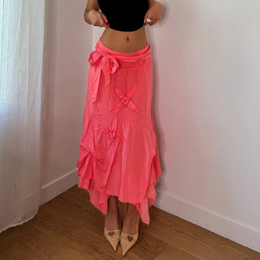 Vintage Coral Pink 100% Silk Asymmetrical Maxi Skirt Italian Y2K (S)