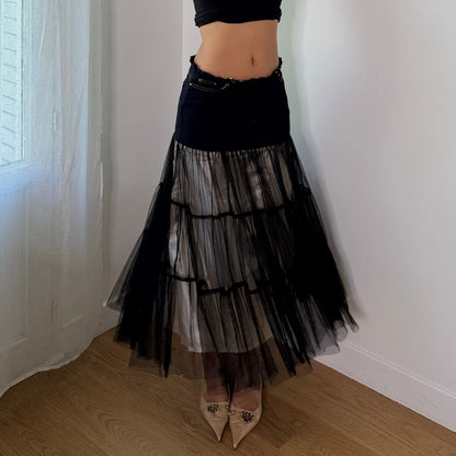 Vintage Black Tiered Sheer Mesh Denim Waist Maxi Skirt (S)