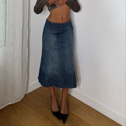 Vintage Y2K Blue Denim Midi Skirt with Flared Hem Panel Stitching & Back Zip Closure