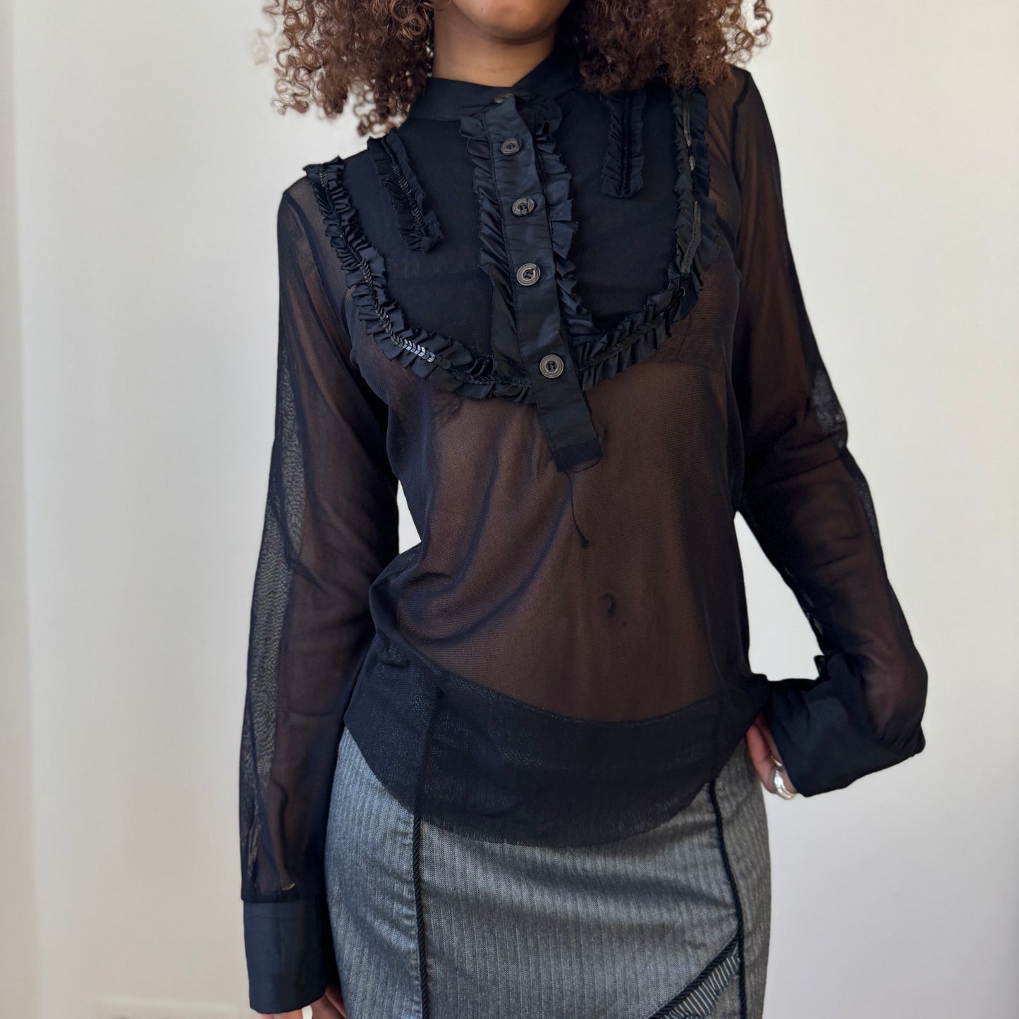 Vintage Italian sheer mesh ruffle blouse with black sequins (M/L)