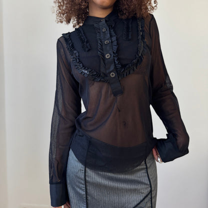 Vintage Italian sheer mesh ruffle blouse with black sequins (M/L)