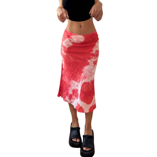 Vintage Italian Coral Tie-Dye Midi Skirt Linen Cotton Asymmetrical (S)