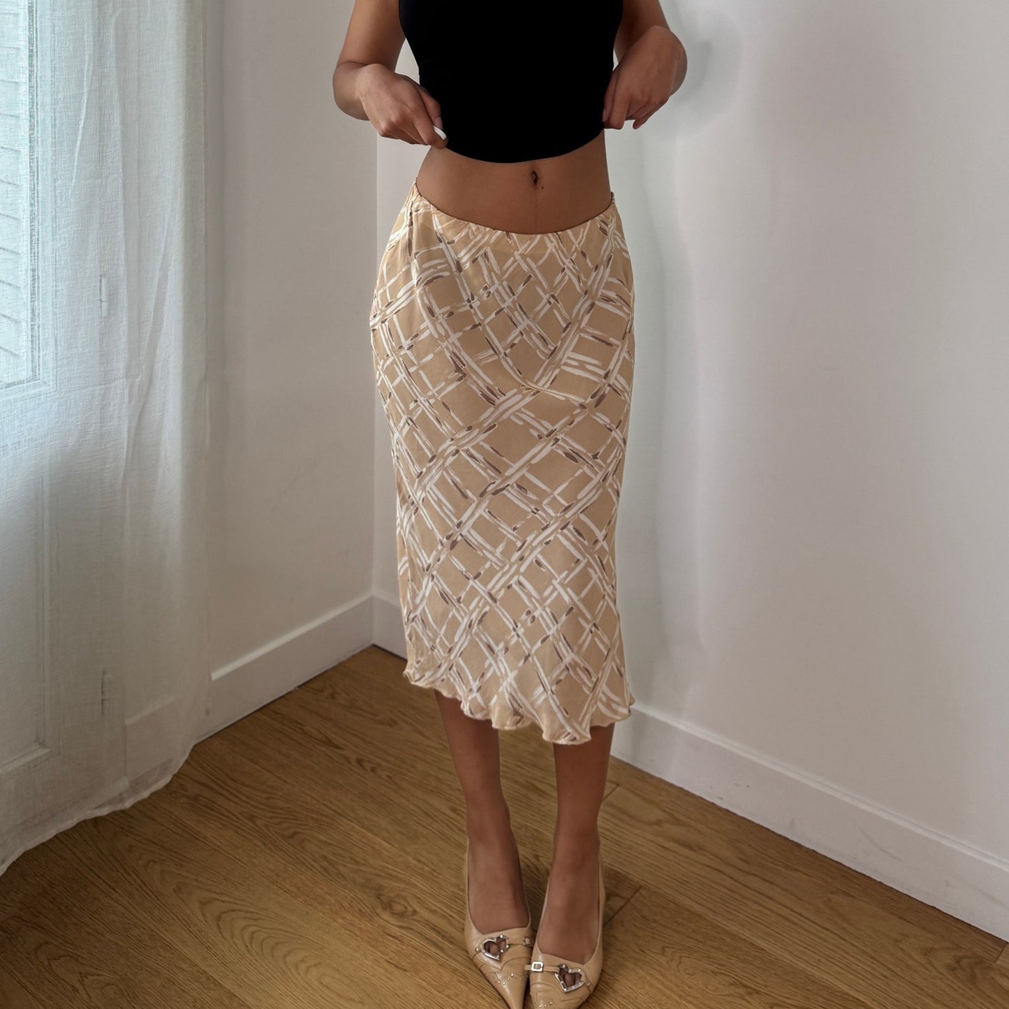 Vintage Beige Cream Mesh Midi Skirt Plaid Bias Cut Italian Y2K Skirt (XS/S)