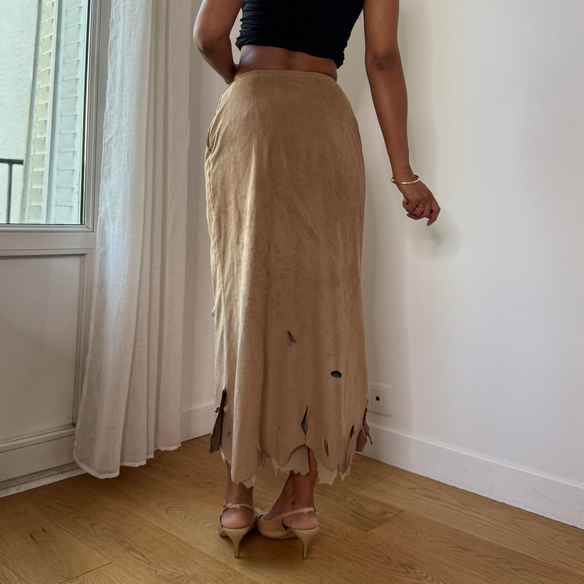 Vintage Beige Faux Suede Cutout Midi Skirt (XS/S)