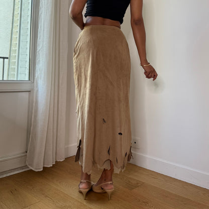 Vintage Beige Faux Suede Cutout Midi Skirt (XS/S)