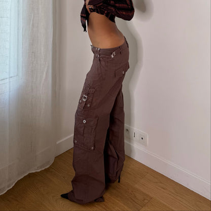 Italian Vintage Brown Low Rise Cargo Parachute Pants with Buckle Waist & Utility Pockets