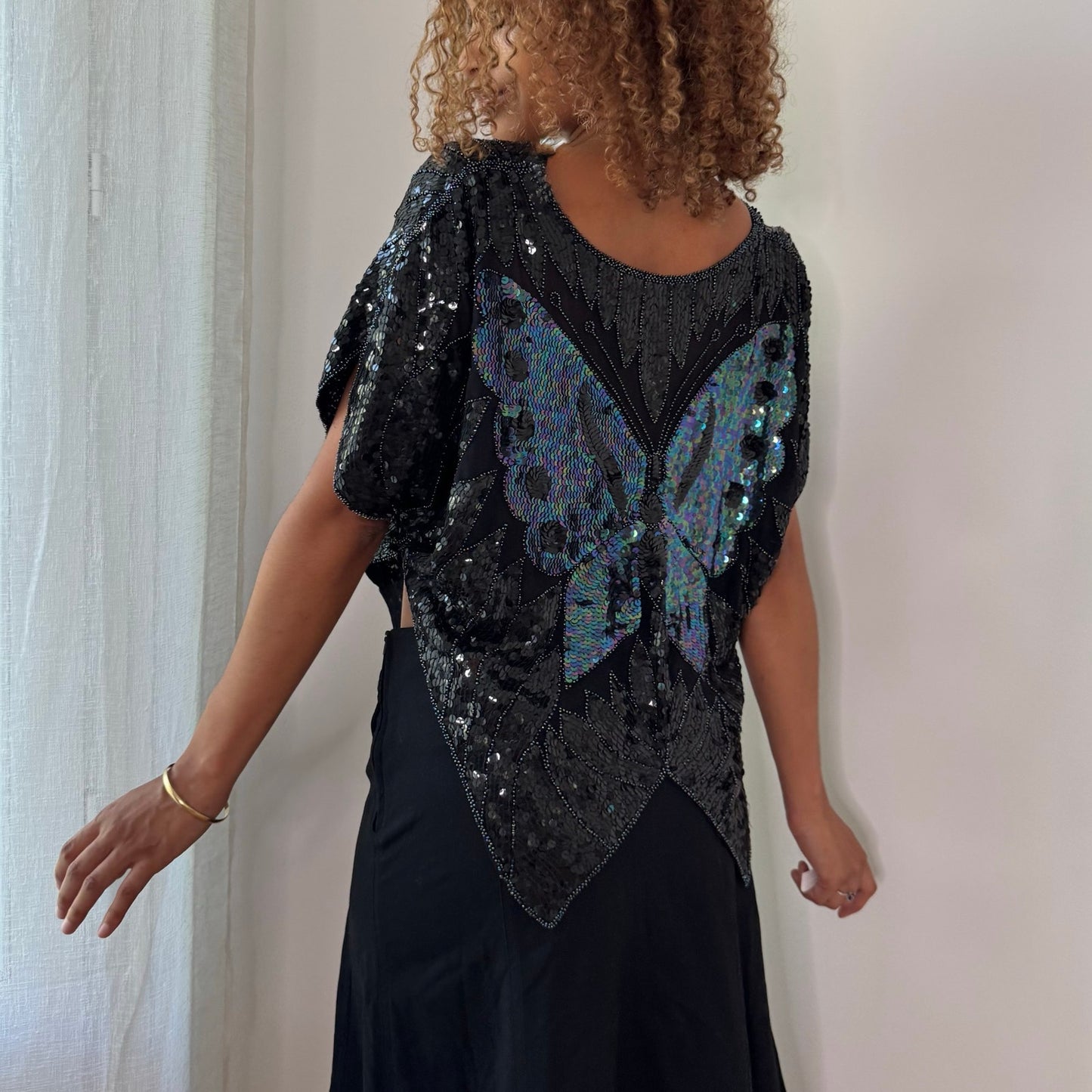 Vintage Black Silk Sequin Butterfly Top Beaded Sheer Evening Y2K (OS)