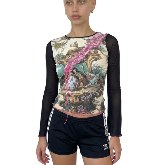 Vintage Baroque Tapestry Print Mesh Top Pink Lace Up Y2K Italian Indian Rose (S)