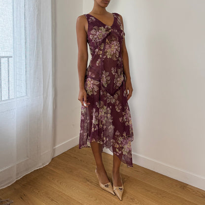 Italian Vintage Semi-Sheer Chiffon Bias-Cut Floral Midi Dress (M/L)