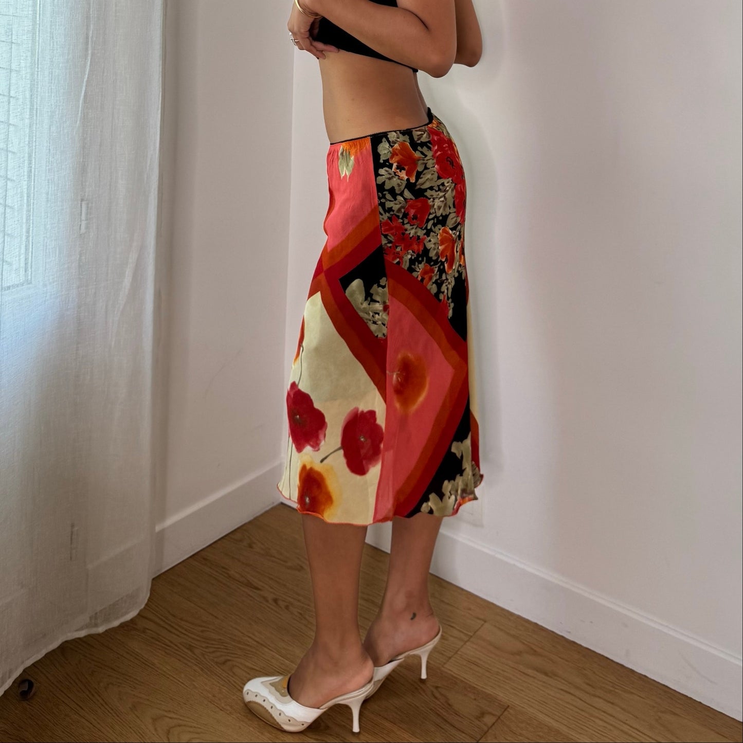 Vintage Red Orange Cream Floral Mesh Midi Skirt Italian Y2K (XS/S)