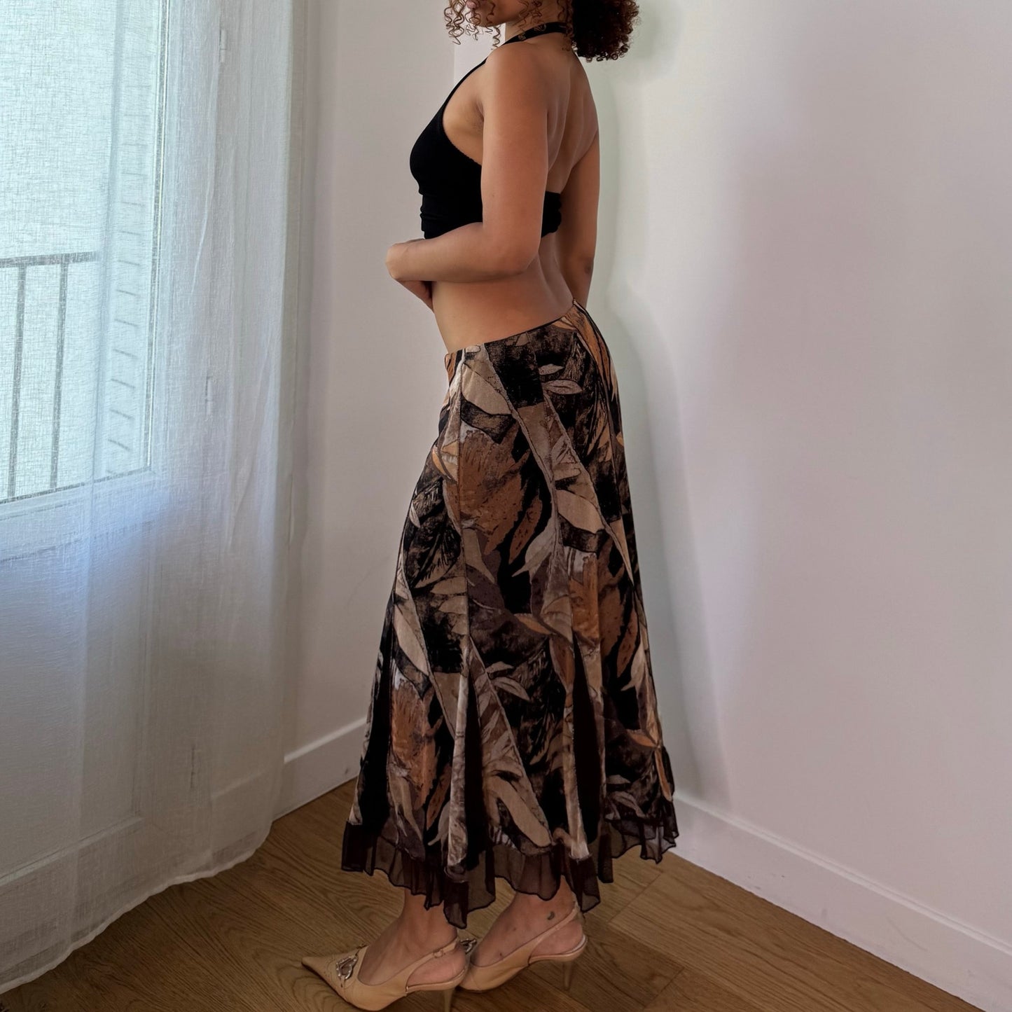 Vintage Brown Black Beige Leaf Print Mesh Midi Skirt Italian Y2K (S)