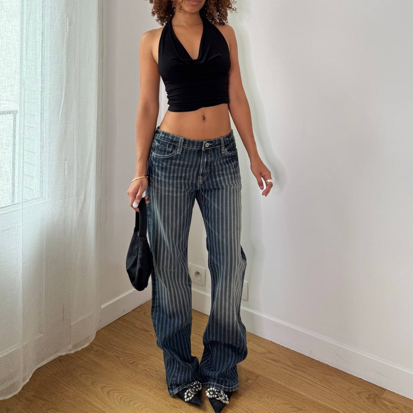 Vintage Blue Striped Low Rise Flare Jeans Euro Y2K (S)