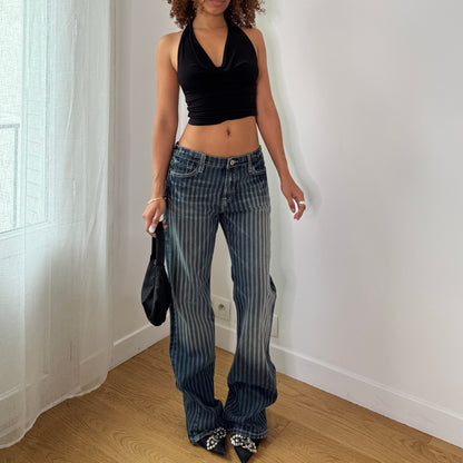 Vintage Blue Striped Low Rise Flare Jeans Euro Y2K (S)