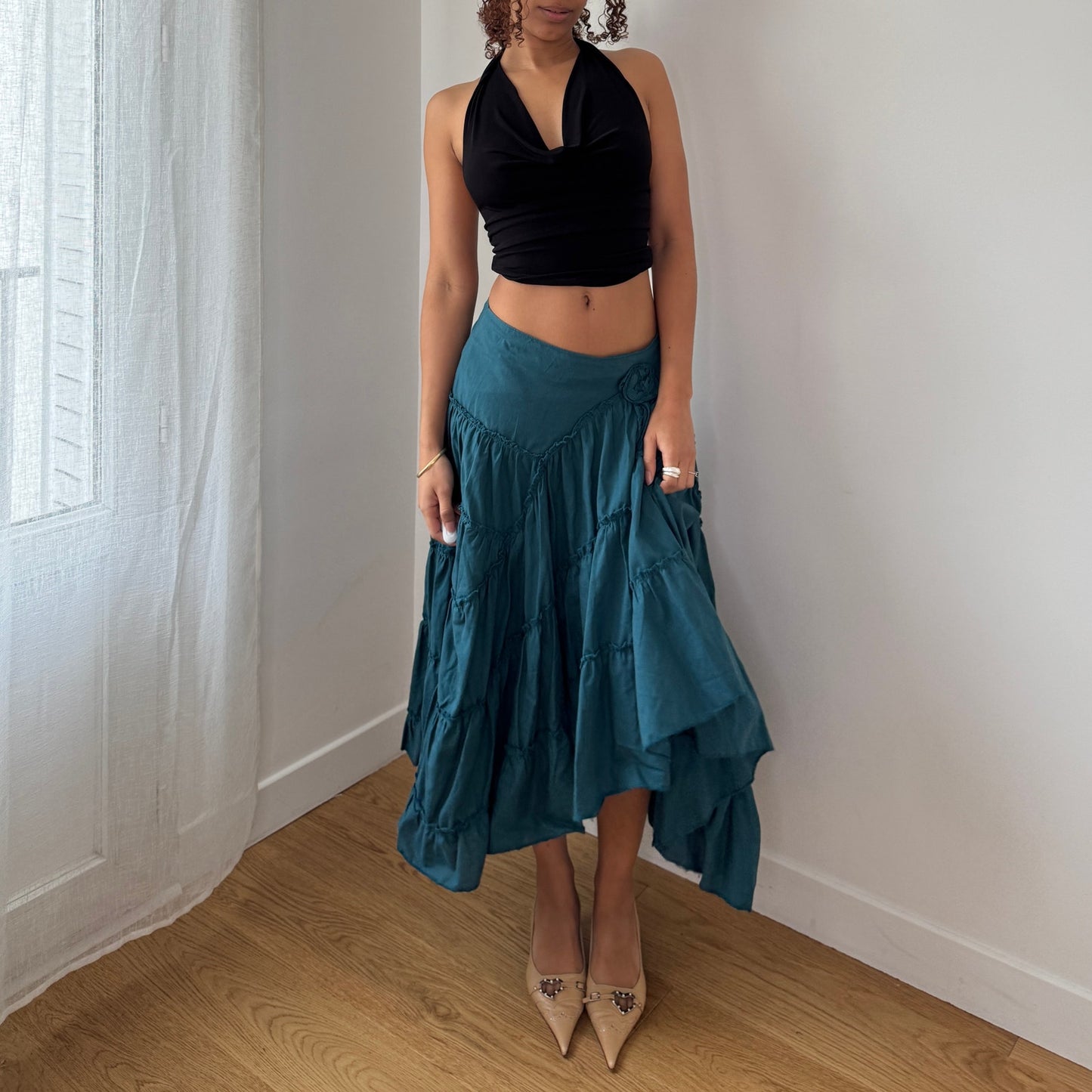 Vintage Teal Tiered Midi Skirt Y2K French Parisian (S)