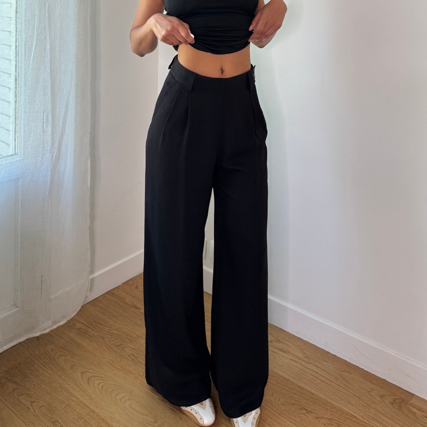 Vintage Black High Waist Wide Leg Tailored Trousers Y2K (XS/S)