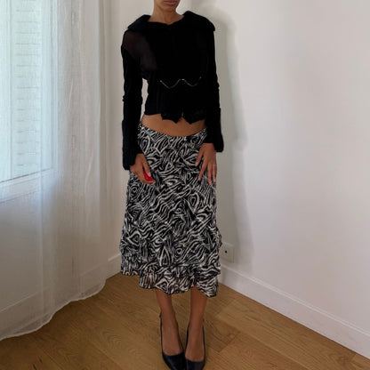 Italian vintage black & white abstract zebra print mesh midi skirt with ruffled hem