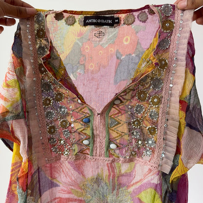 Vintage Pink & Yellow Silk Floral Beaded Mesh Top Boho Y2K (S/M)