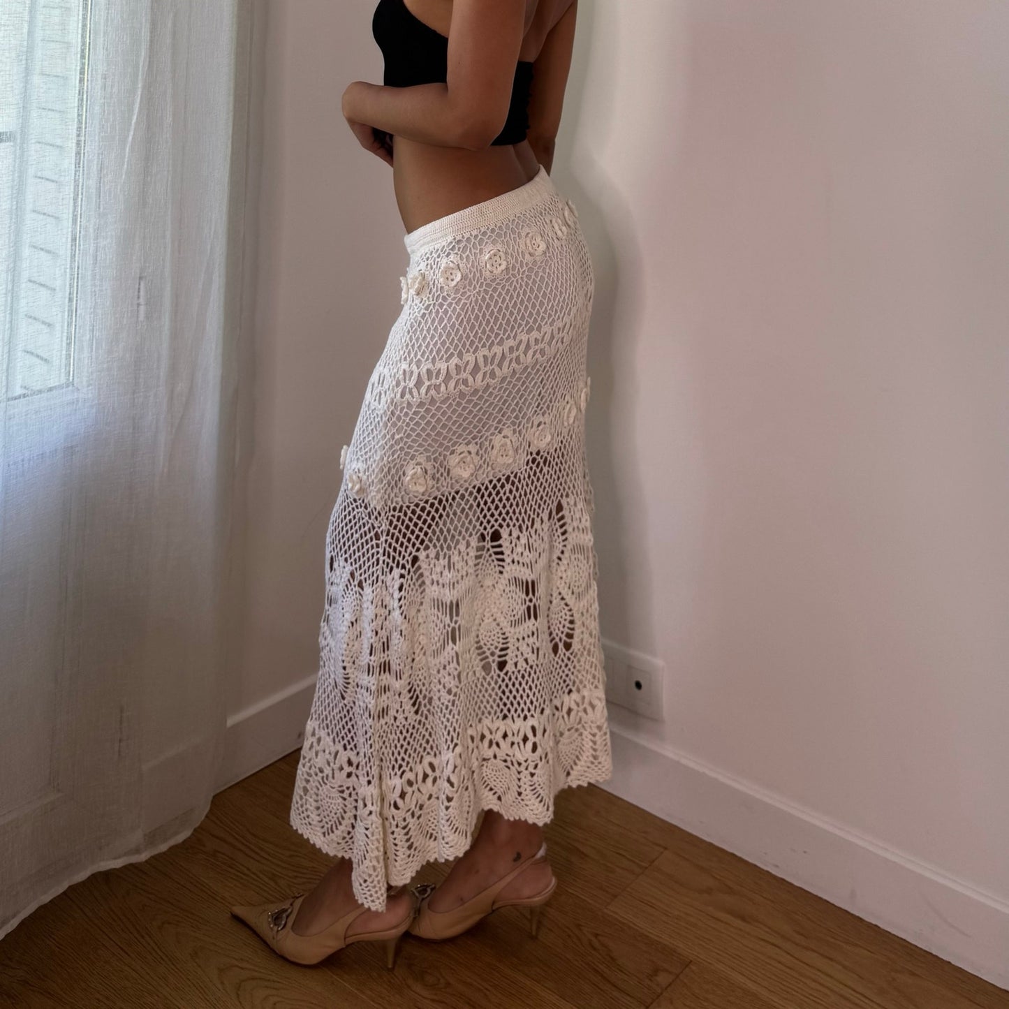 Vintage White Crochet Knit Maxi Skirt Italian Boho Y2K (S)