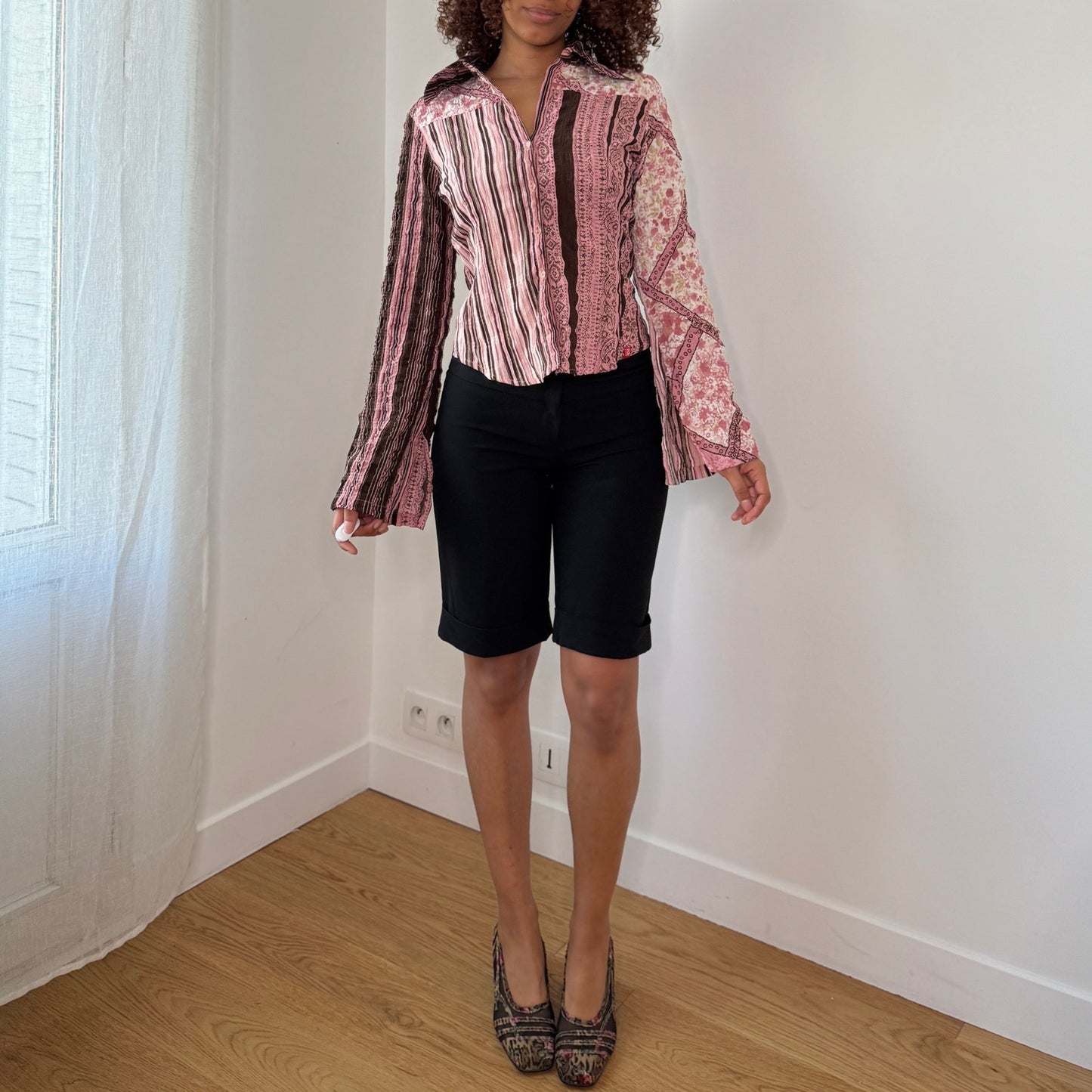 Vintage French Mixed Print Shirt Flared Cuffs (XS/S)