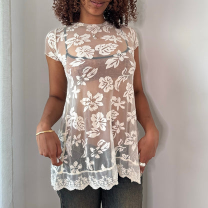 Vintage Italian White Floral Mesh Top Lace Hem Bow Back Y2K (S)