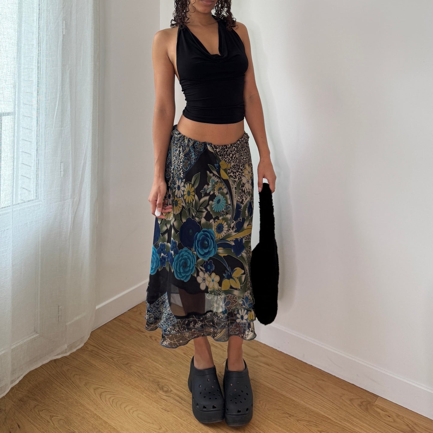 Vintage Blue Rose Floral Mesh Midi Skirt Sheer Layered Y2K Skirt (S) ⠀