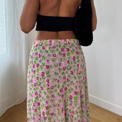 Vintage Pink Green Floral Mesh Maxi Skirt Italian Y2K Bias Cut Skirt (S) ⠀