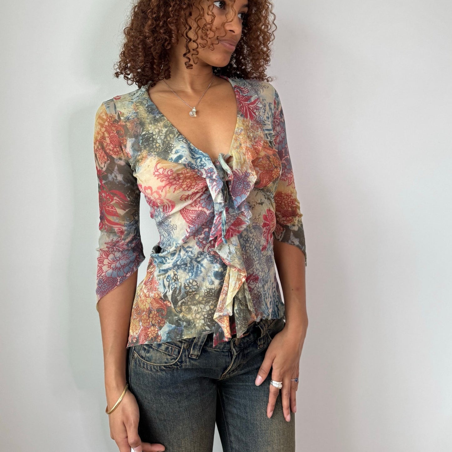 Vintage Blue Red Floral Mesh Ruffle Top Italian Y2K (S)