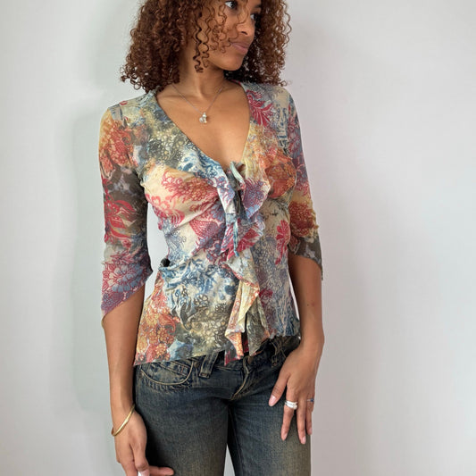 Vintage Blue Red Floral Mesh Ruffle Top Italian Y2K (S)