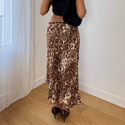 Vintage Leopard Print Mesh Midi Skirt Ruffle Hem (S)