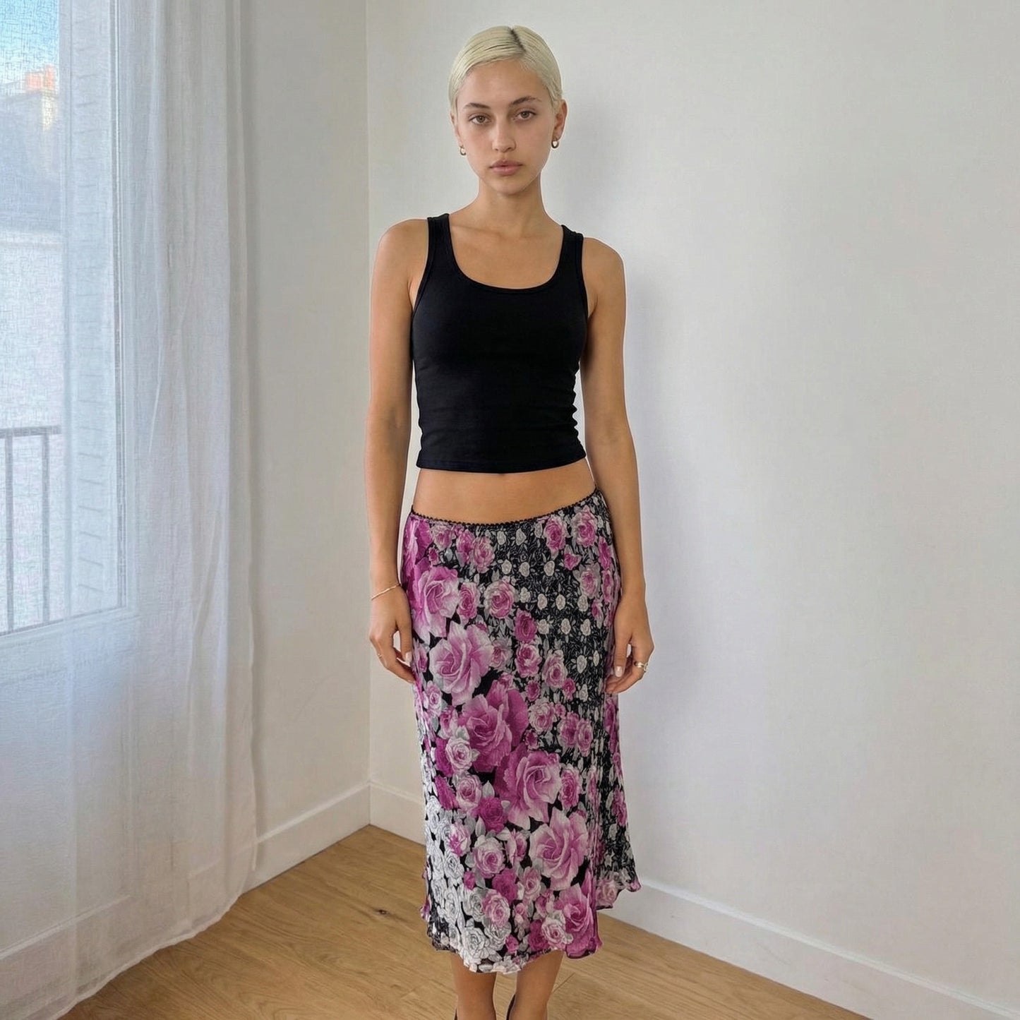 Vintage Italian Pink & Black Mesh Midi Skirt (S)