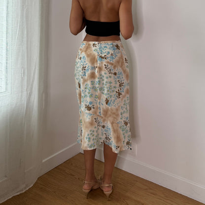 Vintage Beige Blue Floral Silk Mesh Midi Skirt Gerard Darel Bias Cut Skirt (S) ⠀
