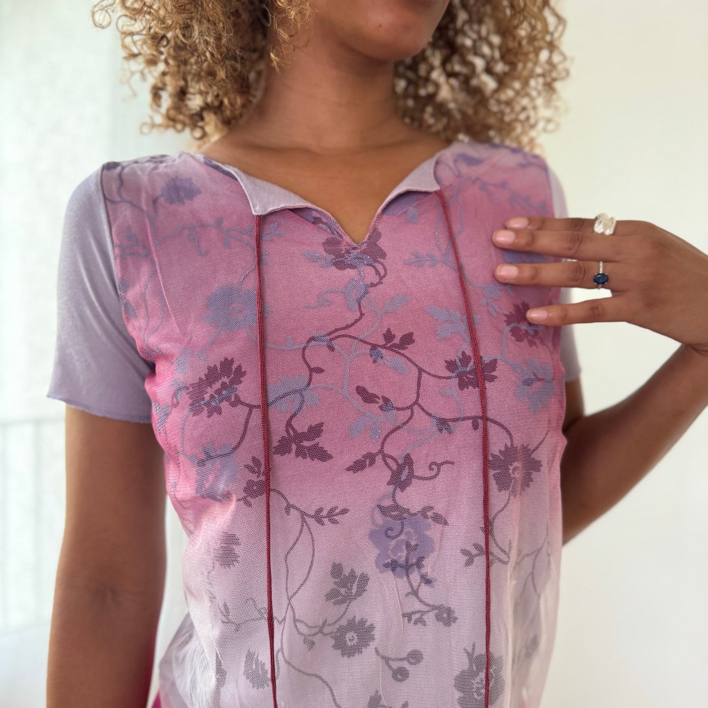 Vintage Purple Floral Mesh Top Sheer Layered Italian Y2K (S/M)
