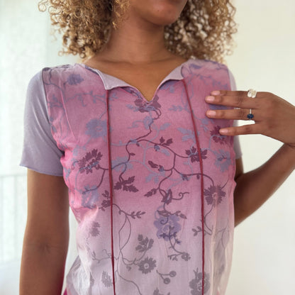 Vintage Purple Floral Mesh Top Sheer Layered Italian Y2K (S/M)
