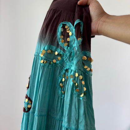 Vintage Extyn Brown Blue Ombre Maxi Skirt Sequin Floral Viscose Y2K (S/M)