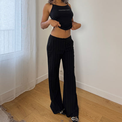 Vintage Euro Black Tonal Pinstripe Low Rise Wide Leg Trousers (Small)