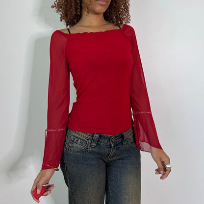 Vintage Red Burgundy Sheer Mesh Bell Sleeve Top Italian Y2K (S/M)