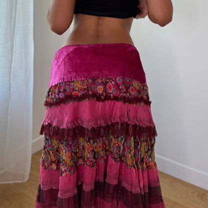 Vintage Extyn Pink Patchwork Mesh Midi Skirt Embroidered Ruffle Italian Y2K (S)