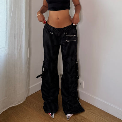 Euro Vintage Black White Pinstripe Low Rise Wide Leg Cargo Pants with Zipper Pockets & Buckle Strap Details