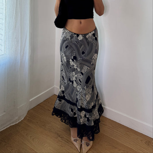 Vintage Indigo Blue Abstract Mesh Maxi Skirt Lace Hem Bias Cut Skirt (S/M) ⠀