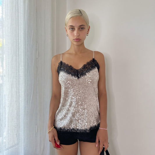 Vintage Silver Black Sequin Lace Cami Top Italian Y2K (S)