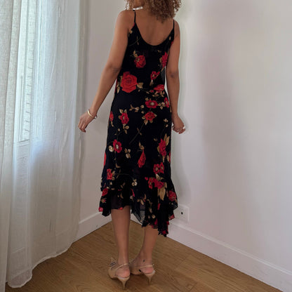 Vintage Black Red Floral Mesh Midi Dress Sheer Layer Italian Y2K (S/M)
