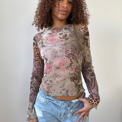 Vintage French mesh long sleeve top with floral, paisley & leopard print S