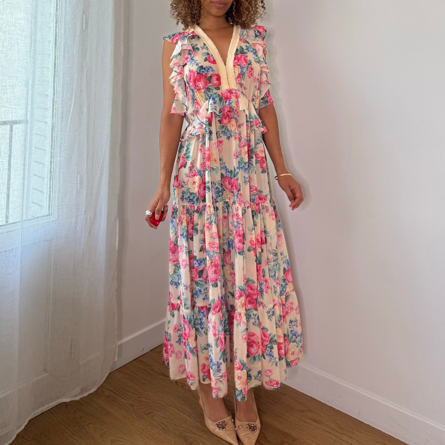Vintage Twin Set Cream Pink Floral Mesh Maxi Dress Ruffle Tiered Romantic Y2K (S/M)