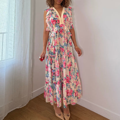 Vintage Twin Set Cream Pink Floral Mesh Maxi Dress Ruffle Tiered Romantic Y2K (S/M)