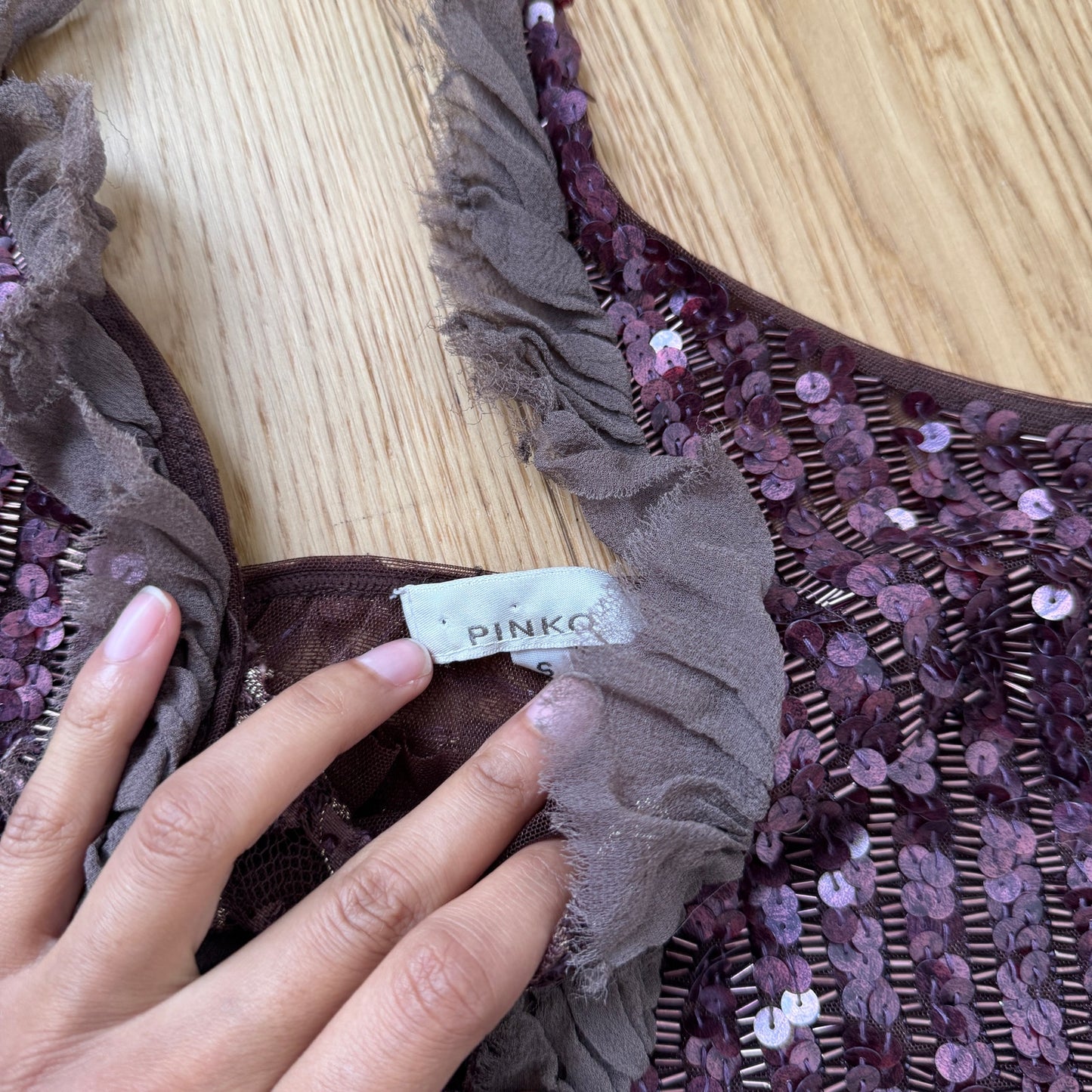 Vintage Pinko Ruffled Sequin Mesh Halter Top (S)