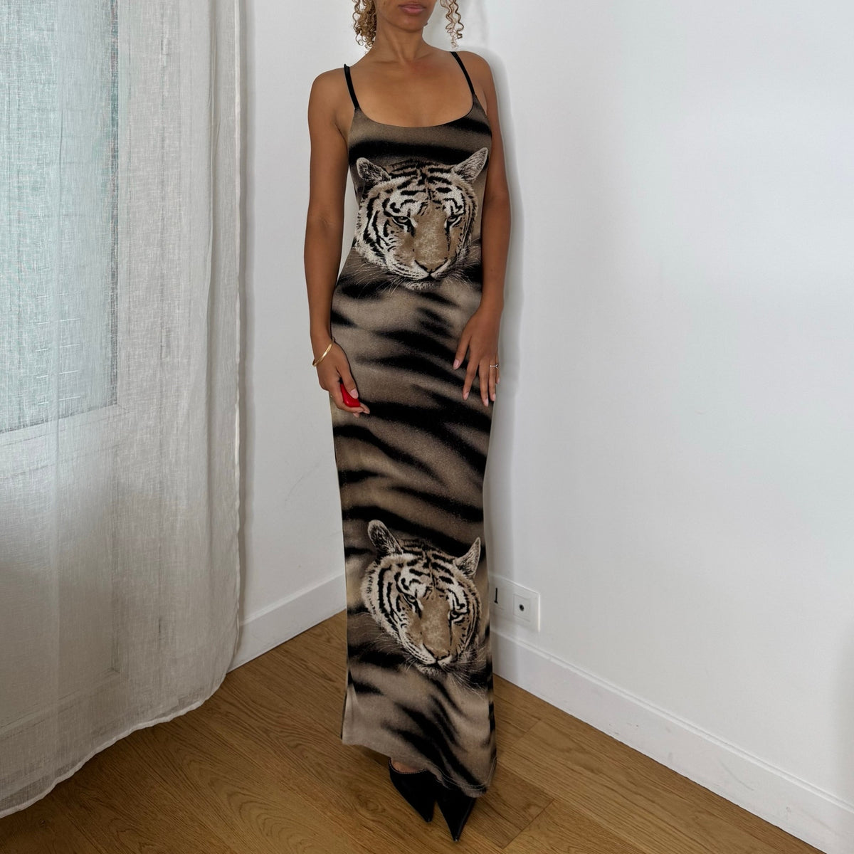 Italian Vintage Brown Black Tiger Print Mesh Double Lined Bodycon Maxi Dress