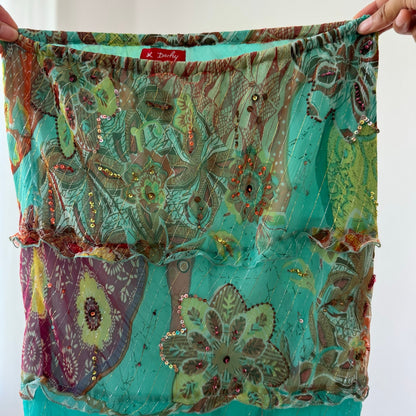 Vintage Turquoise Floral Mesh Tiered Maxi Skirt Dehry Y2K (S/M)