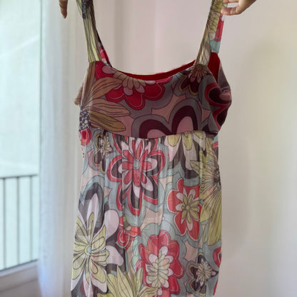 Vintage Pink Red Sage Green Floral Mesh Babydoll Top Italian Y2K (S/M)